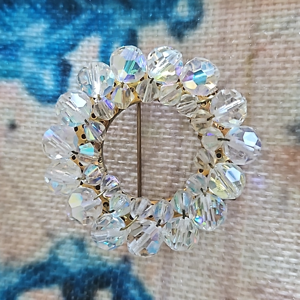 Vintage Crystal Aurora Borealis Beaded Brooch